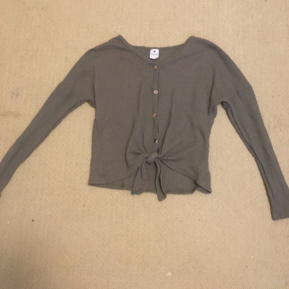 Green Waffle knit button down tie top
